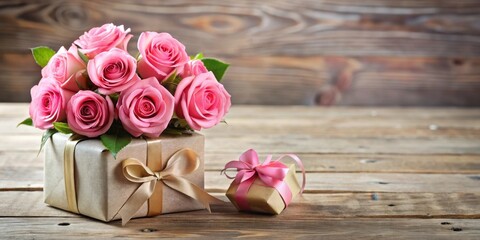 Birthday concept with pink roses in gift on wooden desk for 60th celebration, 60th birthday, pink roses, gift