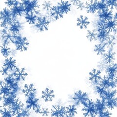 A beautiful frame of delicate blue snowflakes on a white background, creating a serene winter vibe.