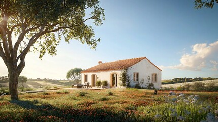 Idyllic countryside cottage bathed in morning sunlight.