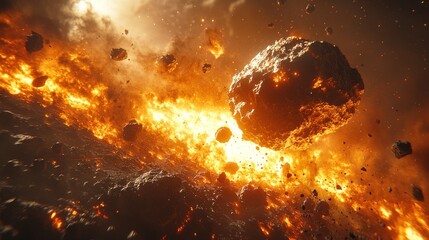 Fototapeta premium asteroid, collision, explosion, fire, space, cosmic, planets, nebula, destruction, impact, debris, heat,