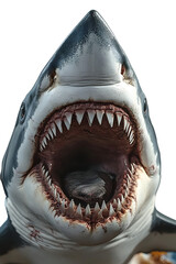 A close-up view of a great white shark with its mouth widely open, showcasing its impressive teeth