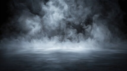 Fototapeta premium Abstract Backdrop, Dark Room Concrete Floor: Stage or Black Room Background for Product Placement. Panoramic View of the Abstract Fog with White Cloudiness, Mist, or Smog Moving on Black Background.