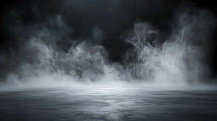 Abstract Backdrop, Dark Room Concrete Floor: Stage or Black Room Background for Product Placement. Panoramic View of the Abstract Fog with White Cloudiness, Mist, or Smog Moving on Black Background.
