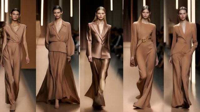 Models present elegant outfits featuring the mocha mousse color of the year at a vibrant runway show in Paris, highlighting contemporary fashion trends and design innovation.