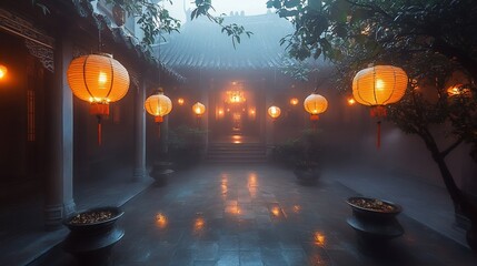Misty courtyard with lanterns. Tranquil, ancient Chinese garden, illuminated by warm light from lanterns, in a foggy morning.
