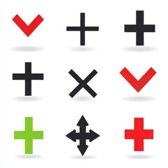 A collection of various directional and symbolic icons in a grid layout, featuring black, red, and green colors.