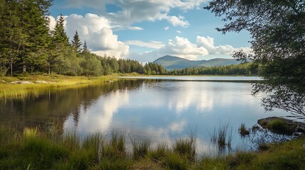 Serene mountain lake reflecting clouds. Tranquil landscape.