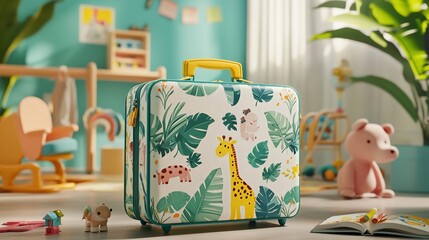 Child's suitcase with jungle animals print in a playroom.