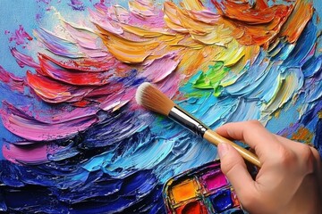 Fototapeta premium A close-up of a hand applying vibrant paint with a brush on a textured canvas.