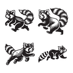 4 Set of Black Red Panda Running Silhouettes Isolated on White Background