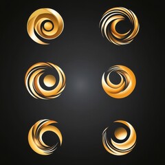 Six elegant golden spiral designs on a dark background, symbolizing motion and creativity.
