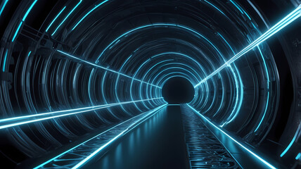 Naklejka premium Neon Tunnel: A futuristic journey into the unknown, illuminated by vibrant blue neon lights. This digital rendering showcases a sleek, circular tunnel, perfect for representing innovation.