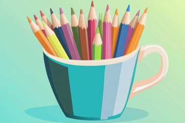 A vibrant collection of colored pencils in a teal cup against a soft pastel background.