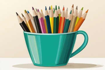 Fototapeta premium A vibrant collection of colored pencils displayed in a teal mug, perfect for artistic inspiration.