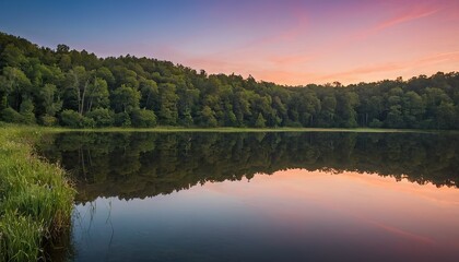 Stunning Sunset Reflected in Calm Lake Waters Forest Silhouette Against Sky 1