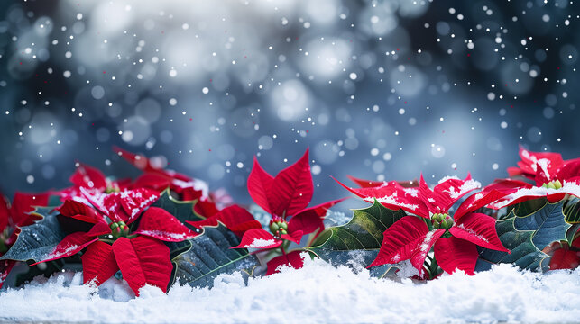 Red poinsettia in snow with festive berries
