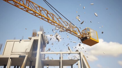 A construction crane drops debris from a building site against a blue sky, showcasing the dynamic energy of construction work.