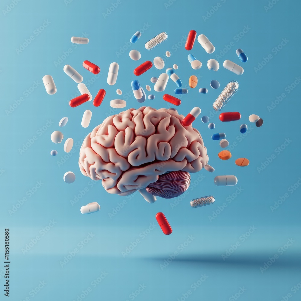 Aufkleber 3d model of a human brain surrounded by colorful pills representing medication and health impacts. g