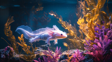Axolotl in Vibrant Underwater World with Bioluminescent Algae
