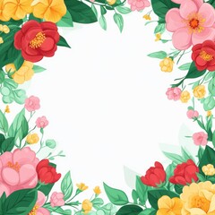 Fototapeta premium A vibrant floral frame with assorted colorful flowers in red, pink, and yellow against a soft white background.