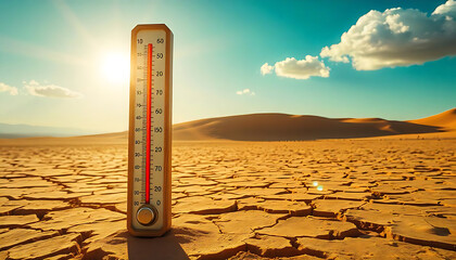  A large thermometer standing in a dry, cracked desert landscape under a bright sun and cloudy sky with a high temperature of over 100 degrees Fahrenheit, created with generative ai