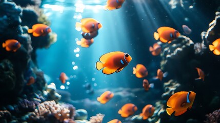 Fototapeta premium Orange fish school underwater coral reef
