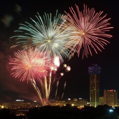 Spectacular fireworks display lighting up the night sky over a city skyline, showcasing vibrant colors and festive spirit.