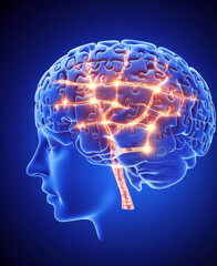 Obraz premium Brain diseases. Alzheimer's rehabilitation. Therapy mental health. A brain puzzle image with pieces lighting up creatively.