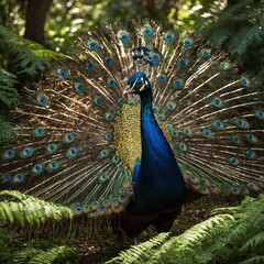 Naklejka premium A colorful peacock spreading its feathers in a sunlit clearing surrounded by ferns.