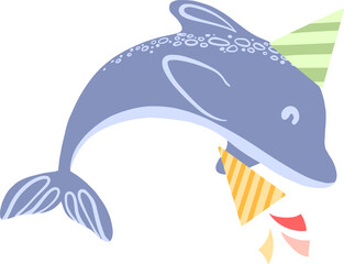 Vector cute dolphin with jolly cracker. Design for birthday postcard. © Aleksandra Baianova