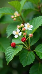 A blackberry bush in full bloom with white flowers and buds, nature, blooming
