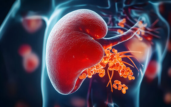 3D medical illustration of the human liver, highlighting its location within the body.