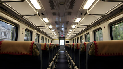 Naklejka premium Bus interior empty seats, clean new vehicle. Generative AI