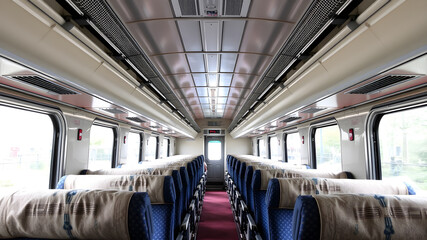 Fototapeta premium Bus interior empty seats, clean new vehicle. Generative AI