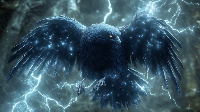 Electric raven with wings spread in stormy sky. - Powered by Adobe