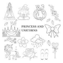 PRINCESS and UNICORNS Lineart Elements hand drawn line art elements doodle black.