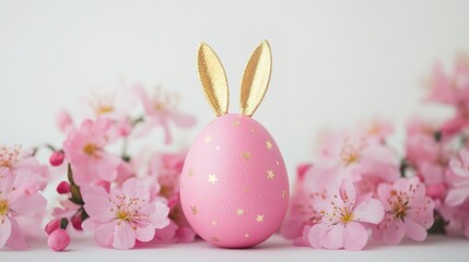 Obraz premium Easter concept on a white background, Pink egg with golden rabbit ears