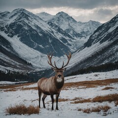 A reindeer standing in a serene snowy mountain valley.