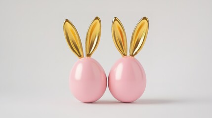 Fototapeta premium Pink eggs with golden rabbit ears, Easter concept on a white background 