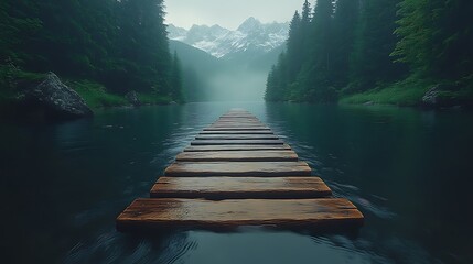 Misty mountain lake with wooden pier.