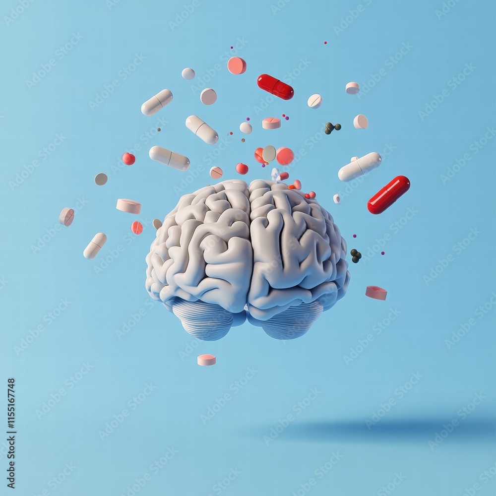 Poster 3D representation of a human brain surrounded by colorful pills and capsules on a blue background showcasing mental health themes. Generative AI