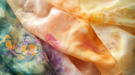 Soft, flowing silk scarves in pastel colors with floral patterns.
