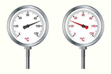 Physics, Temperature, degrees Celsius. Celsius, Fahrenheit thermometers. Round thermometer on white background. Circular metal thermometer. 