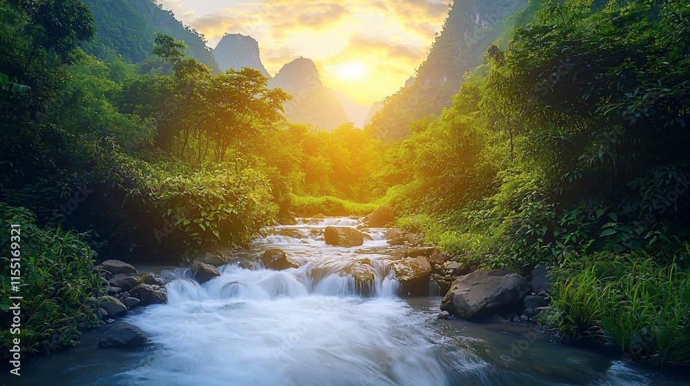 Sticker Scenic sunset over lush green valley with flowing stream.