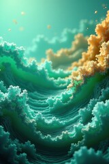 Fototapeta premium Abstract teal and gold wave background with wispy cloud formations, wispy, atmospheric