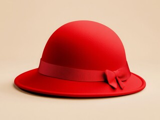 Fototapeta premium Red Cloche Hat with a decorative ribbon bow mockup isolated on a beige background. 