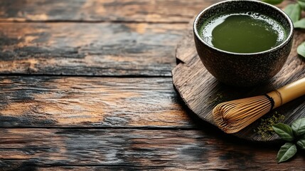 Matcha tea in a bowl on a rustic wooden table with a bamboo whisk.