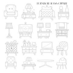 Furniture Icons Clipart. House Room Home Clipart. Interior Decor Symbols Doodle Icons. Hand Drawn Line Art Design Set.