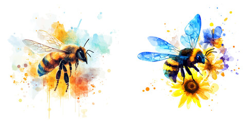 Naklejka premium set of watercolor bee, simple design, white background
