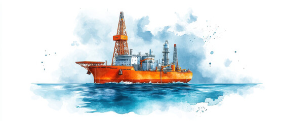 Obraz premium A vibrant watercolor illustration of an offshore oil rig, showcasing its structure against a blue ocean backdrop.